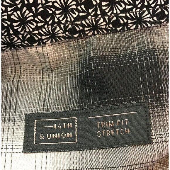 14TH & UNION Trim Fit Stretch Plaid Button Down Shirt 17.5 34 35 Black Gray - Picture 3 of 6